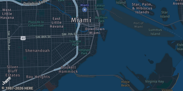 Map of Miami, FL. The exact address of Marina Blue Condos is not known, so the map shows the area rather than a specific building.