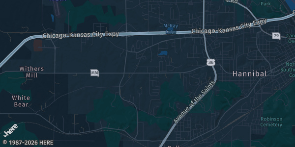 Map of Hannibal, MO. The exact address of Emmett Shields American Legion is not known, so the map shows the area rather than a specific building.