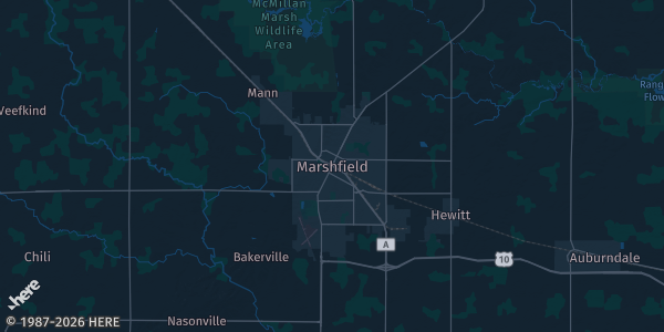 Map of Marshfield, WI. The exact address of Eagles Club #624 is not known, so the map shows the area rather than a specific building.