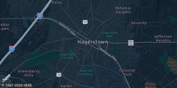 Map of Hagerstown, MD. The exact address of Hagerstown Field House is not known, so the map shows the area rather than a specific building.