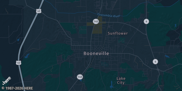 Map of Booneville, MS. The exact address of Gaston Baptist Church Family Life Center 1908 Gaston Rd. is not known, so the map shows the area rather than a specific building.