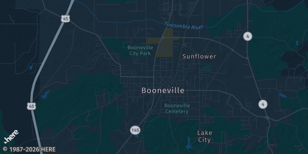 Map of Booneville, MS. The exact address of Gaston Baptist Church Family Life Center 1908 Gaston Rd. is not known, so the map shows the area rather than a specific building.