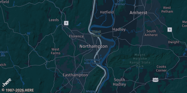 Map of Northampton, MA. The exact address of Northampton Elks Lodge #997 is not known, so the map shows the area rather than a specific building.