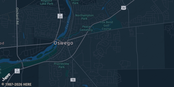Map of Oswego, IL. The exact address of ESP Event Center is not known, so the map shows the area rather than a specific building.