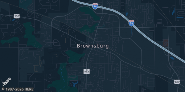 Map of Brownsburg, IN. The exact address of Brownsburg Hogh School is not known, so the map shows the area rather than a specific building.