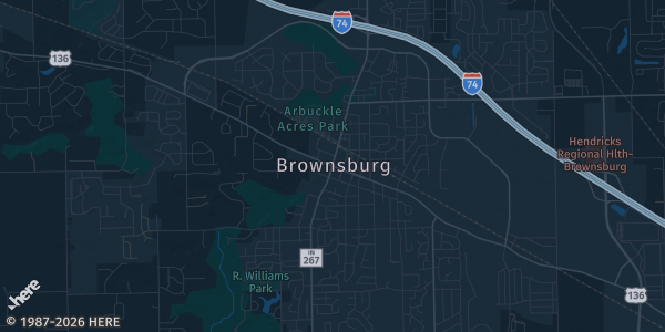 Map of Brownsburg, IN. The exact address of Brownsburg Hogh School is not known, so the map shows the area rather than a specific building.