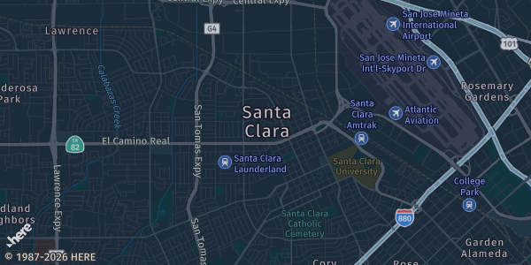 Map of Santa Clara, CA. The exact address of Santa Clara Convention Center is not known, so the map shows the area rather than a specific building.