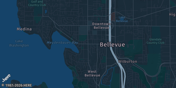 Map of Bellevue, WA. The exact address of Meydenbauer Center is not known, so the map shows the area rather than a specific building.