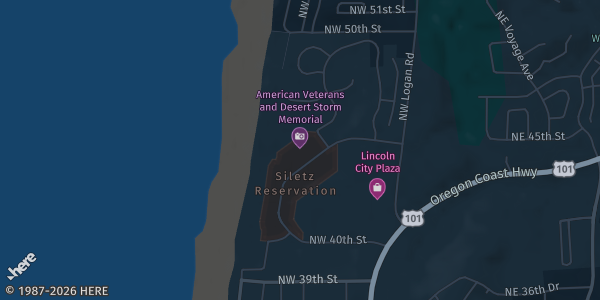 Map showing Chinook Winds Casino Resort in Lincoln City, OR.