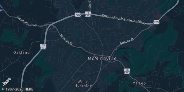 Map of McMinnville, TN. The exact address of Warren County High School is not known, so the map shows the area rather than a specific building.