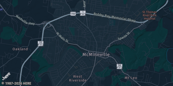 Map of McMinnville, TN. The exact address of Warren County High School is not known, so the map shows the area rather than a specific building.