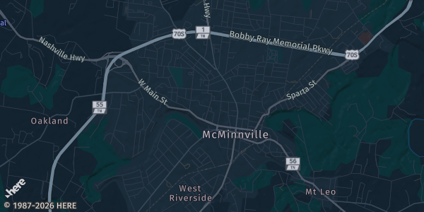 Map of McMinnville, TN. The exact address of Warren County High School is not known, so the map shows the area rather than a specific building.
