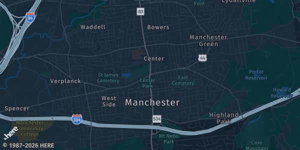 Map of Manchester, CT. The exact address of Army-Navy Club is not known, so the map shows the area rather than a specific building.