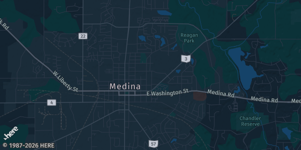 Map of Medina, OH. The exact address of Medina County Fairgrounds is not known, so the map shows the area rather than a specific building.
