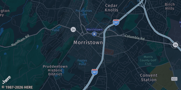 Map of Morristown, NJ. The exact address of Morristown Amrory is not known, so the map shows the area rather than a specific building.