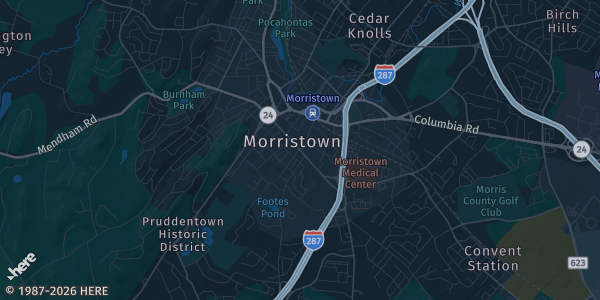 Map of Morristown, NJ. The exact address of Morristown Amrory is not known, so the map shows the area rather than a specific building.