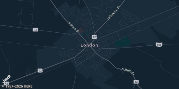 Map of London, OH. The exact address of London, OH Fairgrounds is not known, so the map shows the area rather than a specific building.