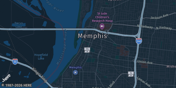 Map of Memphis, TN. The exact address of Memphis Expo Hall is not known, so the map shows the area rather than a specific building.