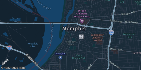 Map of Memphis, TN. The exact address of Memphis Expo Hall is not known, so the map shows the area rather than a specific building.