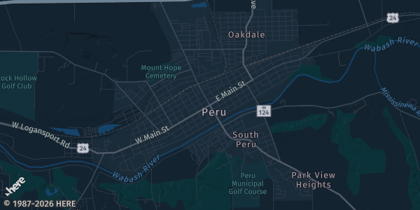 Map of Peru, IN. The exact address of Miami County Fairgrounds is not known, so the map shows the area rather than a specific building.