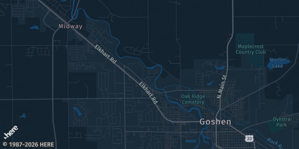 Map of Elkhart, IN. The exact address of Elkhart Moose Lodge is not known, so the map shows the area rather than a specific building.