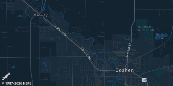 Map of Elkhart, IN. The exact address of Elkhart Moose Lodge is not known, so the map shows the area rather than a specific building.
