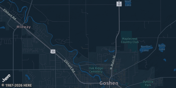 Map of Elkhart, IN. The exact address of RV Hall of Fame is not known, so the map shows the area rather than a specific building.