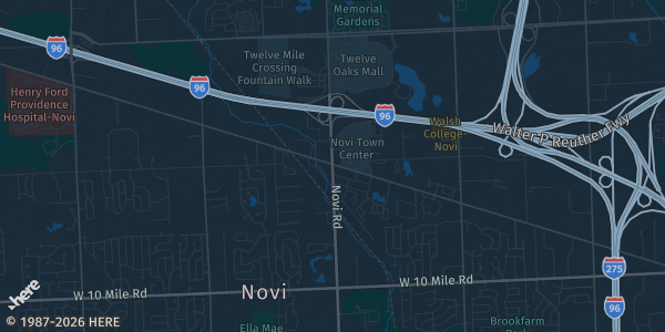 Map of Novi, MI. The exact address of Vibe Credit Union Showplace is not known, so the map shows the area rather than a specific building.