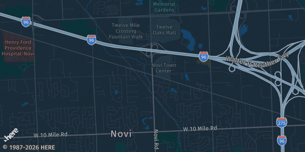 Map of Novi, MI. The exact address of Vibe Credit Union Showplace is not known, so the map shows the area rather than a specific building.