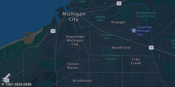 Map of Michigan City, IN. The exact address of FOP Lodge Michigan City is not known, so the map shows the area rather than a specific building.