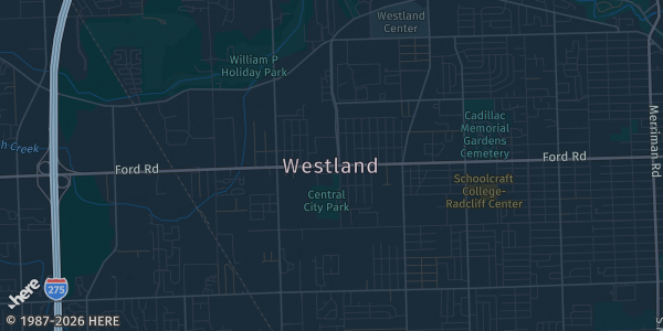 Map of Westland, MI. The exact address of Soho Event Center is not known, so the map shows the area rather than a specific building.