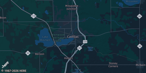 Map of Cadillac, MI. The exact address of The Wex is not known, so the map shows the area rather than a specific building.