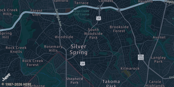 Map of Silver Spring, MD. The exact address of Silver Spring Civic Center is not known, so the map shows the area rather than a specific building.