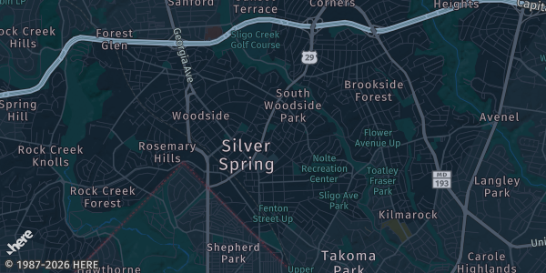 Map of Silver Spring, MD. The exact address of Silver Spring Civic Center is not known, so the map shows the area rather than a specific building.