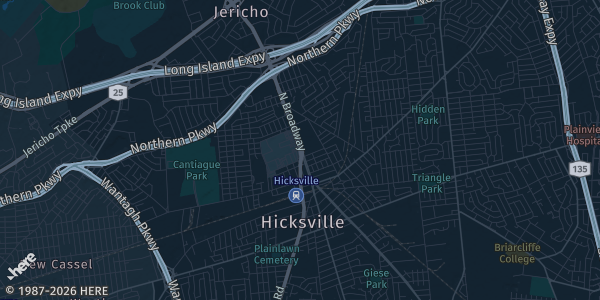 Map of Hicksville, NY. The exact address of Broadway Mall is not known, so the map shows the area rather than a specific building.