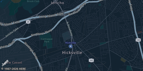 Map of Hicksville, NY. The exact address of Broadway Mall is not known, so the map shows the area rather than a specific building.