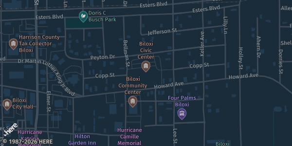 Map showing Biloxi Civic Center in Biloxi, MS.