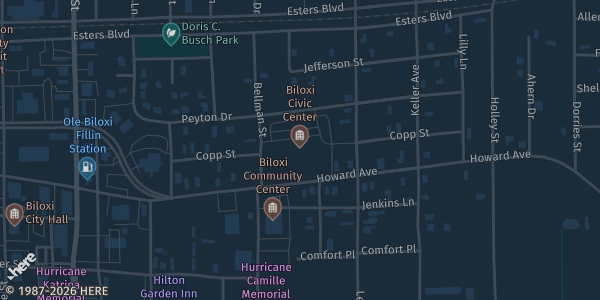 Map showing Biloxi Civic Center in Biloxi, MS.