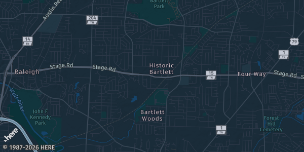 Map of Bartlett, TN. The exact address of The Venue at Bartlett Station is not known, so the map shows the area rather than a specific building.