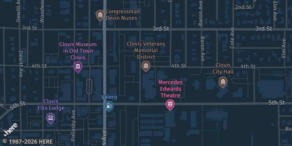 Map showing Clovis Veterans Memorial District in Clovis, CA.