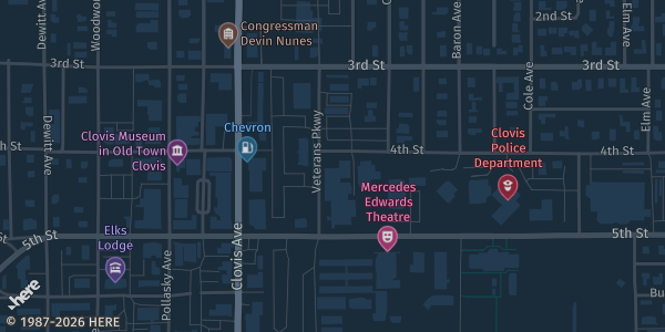 Map showing Clovis Veterans Memorial District in Clovis, CA.