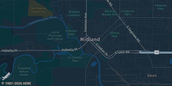 Map of Midland, MI. The exact address of Midland Mall is not known, so the map shows the area rather than a specific building.
