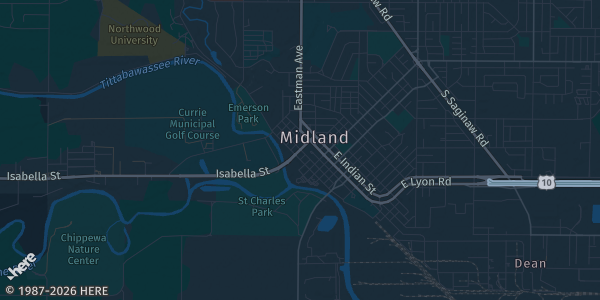 Map of Midland, MI. The exact address of Midland Mall is not known, so the map shows the area rather than a specific building.