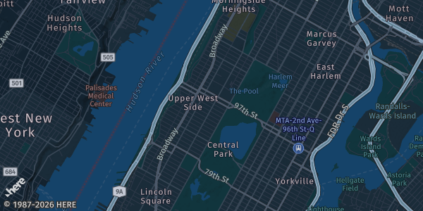 Map of Manhattan, NY. The exact address of Jefferson Towers is not known, so the map shows the area rather than a specific building.