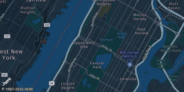 Map of Manhattan, NY. The exact address of Jefferson Towers is not known, so the map shows the area rather than a specific building.
