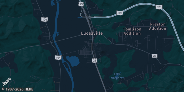 Map of Lucasville, OH. The exact address of Venue on the Midway is not known, so the map shows the area rather than a specific building.