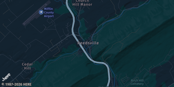 Map of Reedsville, PA. The exact address of Reedsville Fire Hall is not known, so the map shows the area rather than a specific building.