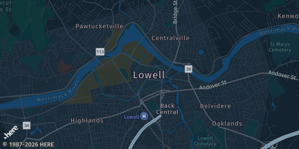 Map of Lowell, MA. The exact address of Game Time Sports and Fitness is not known, so the map shows the area rather than a specific building.
