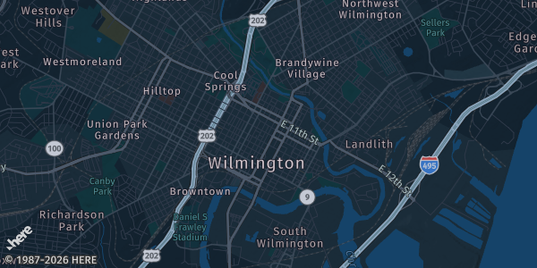 Map of Wilmington, DE. The exact address of Chambers Memorial Hall is not known, so the map shows the area rather than a specific building.