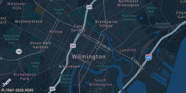 Map of Wilmington, DE. The exact address of Chambers Memorial Hall is not known, so the map shows the area rather than a specific building.